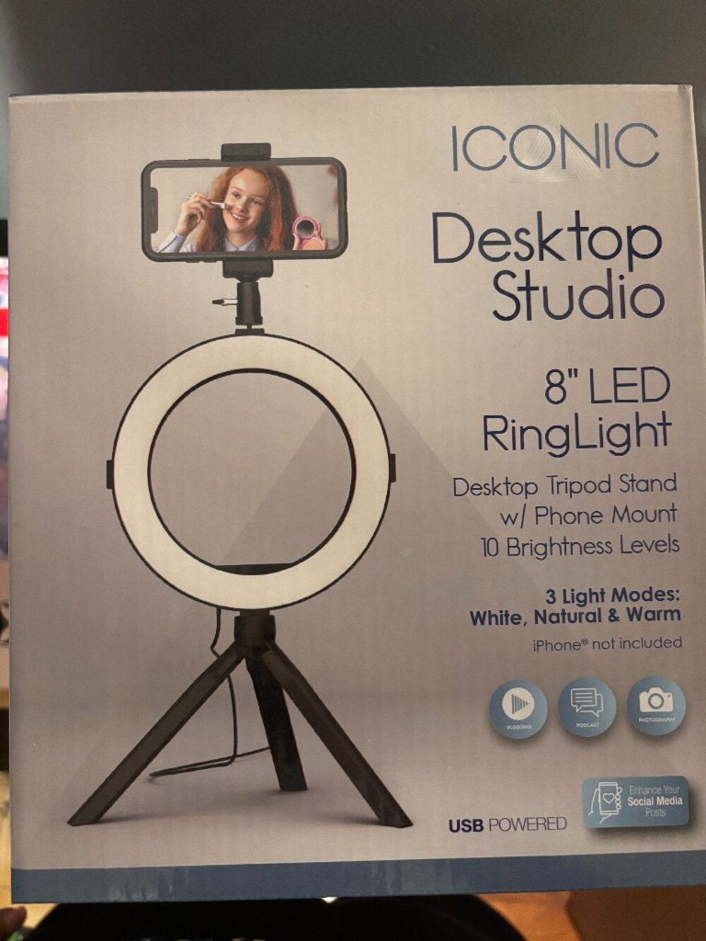ICONIC 8” LED RingLight Desktop Tripod Stand with Phone Mount - New